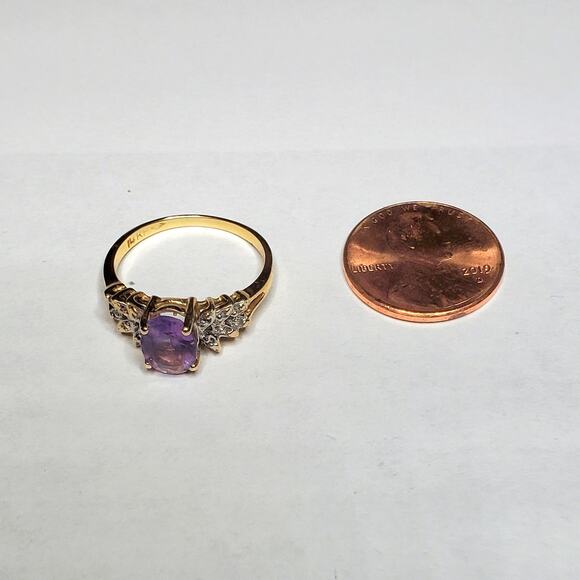 Stamped 14K Fine Yellow Gold Amethyst Diamond Accent Ring Vintage - Picture 5 of 10